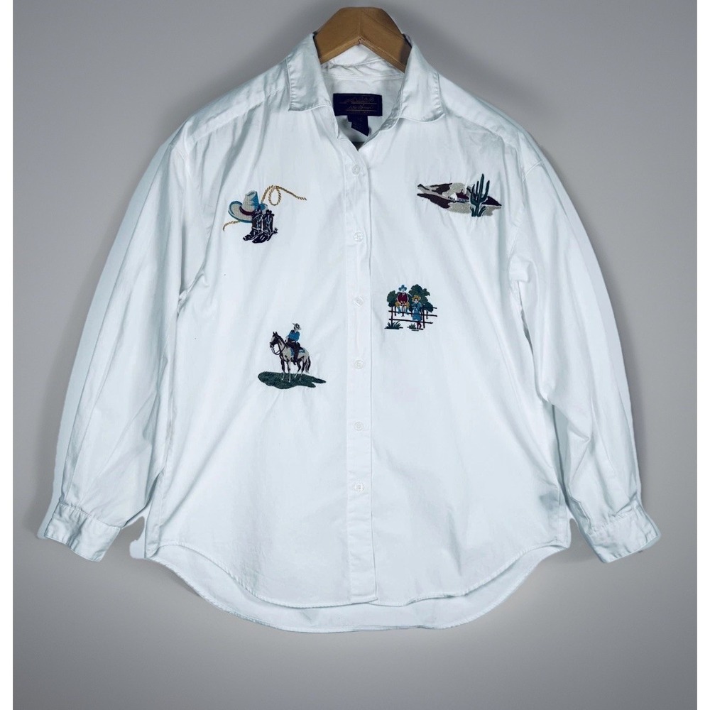 Eddie Bauer Western Shirt Petite Small White Embroidered Cowboy‎ Ranch Vintage